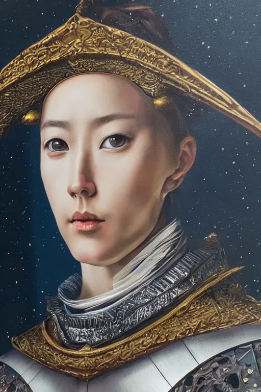 Image similar to hyperrealism oil painting, close - up portrait of european medieval fashion model, knight, steel gradient mixed with nebula sky, in style of baroque mixed with 7 0 s japan book art