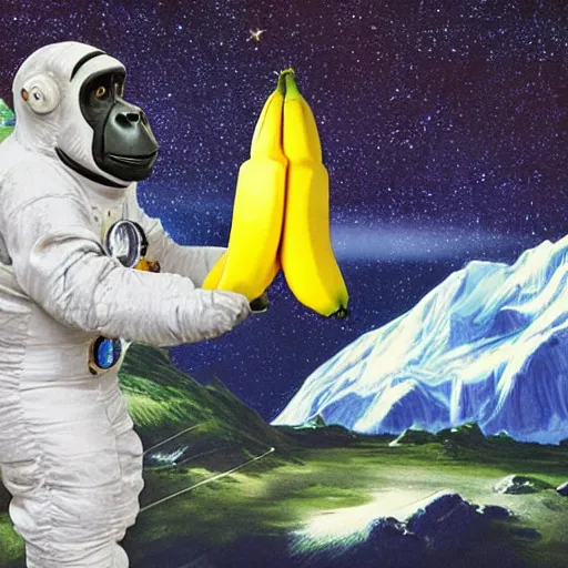 Image similar to a gorilla is a space suit traveling to outer space with his banana friend