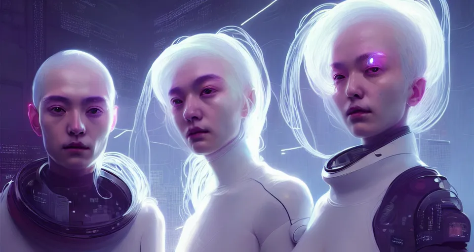 Image similar to portrait of yael shelbia and kang seul - gi, venus squid astronaut, white hair, intricate design details. cyberpunk symmetrical facial, by ruan jia and beeple. smooth gradients, deep space.