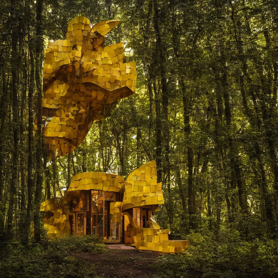 Image similar to a tiny tiny house in a light forest, designed by Frank Gehry. Tiles. Film grain, cinematic, yellow hue