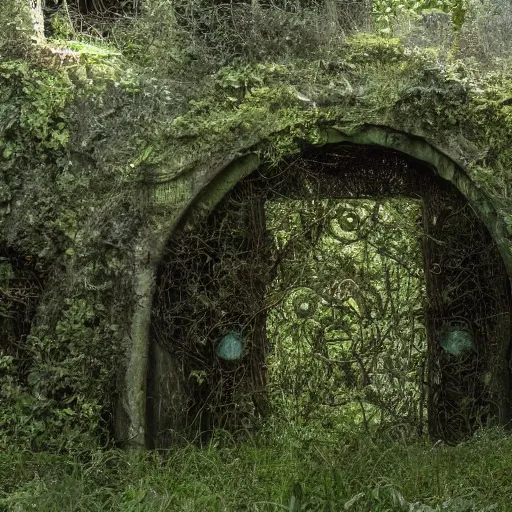 Prompt: Abandoned overgrown multiverse gateways