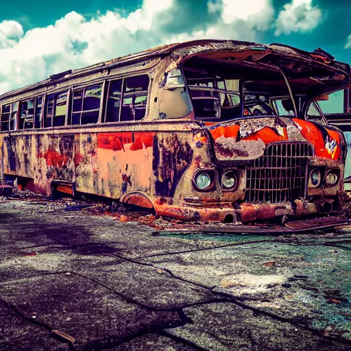 Image similar to wide angle shot of dilapidated fallout 5 miami, tropical coastal city, desolate, dilapidated, just a rusted retro futuristic vintage parked vehicles like cars, buses, trucks, trams, sunny weather, few clouds, volumetric lighting, photorealistic, daytime, spring, 4 0 0 0 k sharp focus, ultra detailed