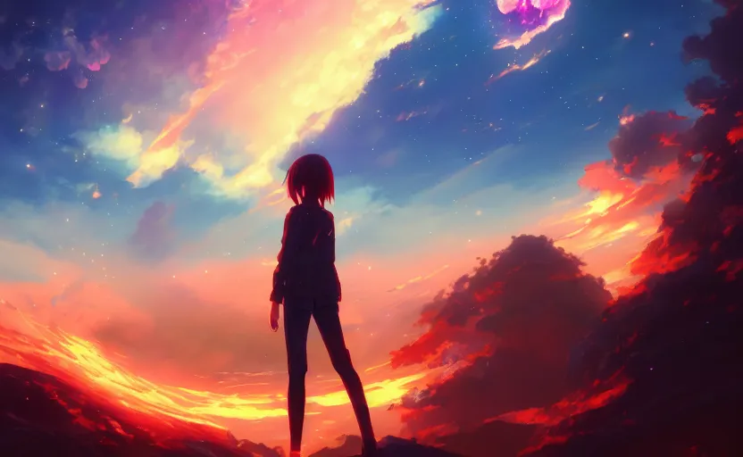 Image similar to anime scene background, no characters, anime painting, 3d render, hyper realistic, dramatic lighting, the sky is a nebula on fire, 8k hdr pixiv dslr photo by Makoto Shinkai ilya kuvshinov and Wojtek Fus, digital art, concept art,