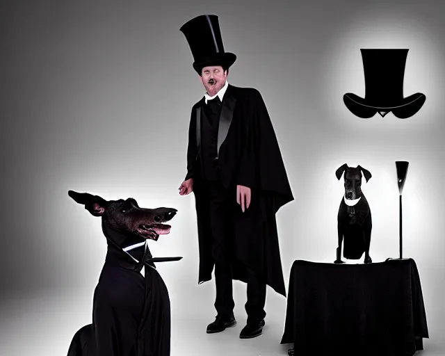 Image similar to greyhound wearing a black cloak and a top hat, under a spotlight, magician dog performing on stage, dapper greyhound