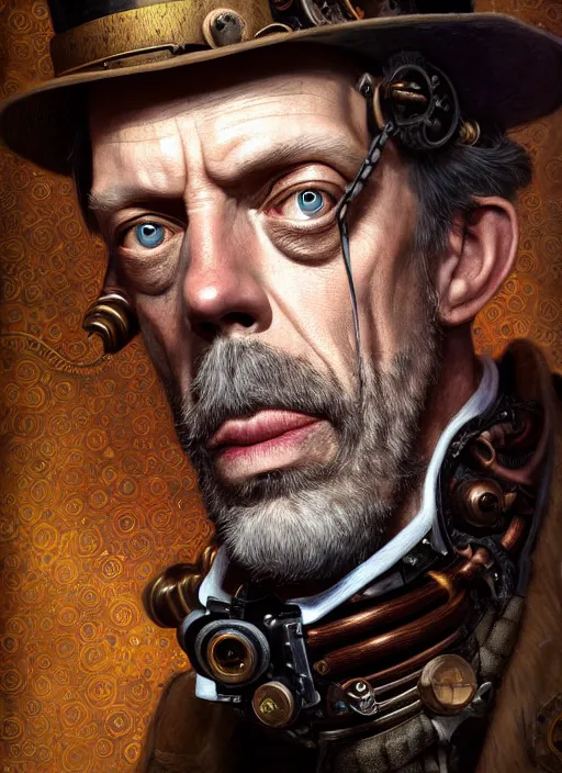 Image similar to steampunk portrait of hugh laurie, au naturel, hyper detailed, digital art, trending in artstation, cinematic lighting, studio quality, smooth render, unreal engine 5 rendered, octane rendered, art style by klimt and nixeu and ian sprigger and wlop and krenz cushart.