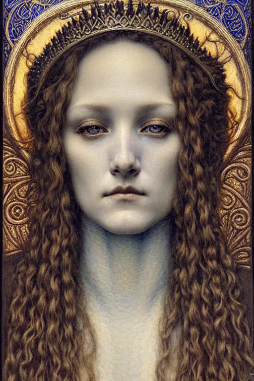 Image similar to detailed realistic beautiful young medieval queen face portrait by jean delville, gustave dore and marco mazzoni, art nouveau, symbolist, visionary, gothic, pre - raphaelite. horizontal symmetry