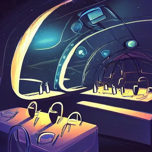 Prompt: The restaurant at the end of the universe, inside a spaceship, planets are visible through the window. Dark nebula in the background. Digital painting. Trending on Pinterest, ArtStation