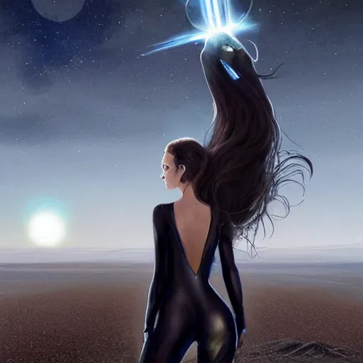 Prompt: pleiadian woman with big eyes and long silver hair wearing a dark body suit and holding a plasma gun standing in barren fields, art by greg rutkowski