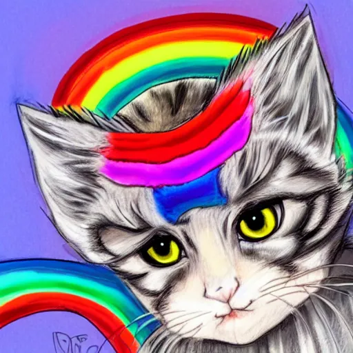 Image similar to wide angle full body, of a fluffy cute rainbow kitten wearing a black leather motorcycle jacket, concept art