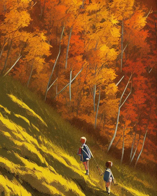 Image similar to autumn hillside boy hiking illustration detailed, by quentin mabille