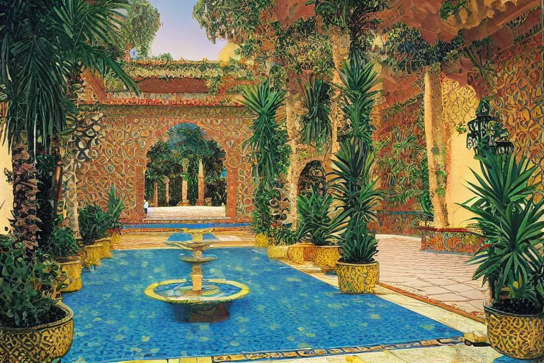 Image similar to painting of a beautiful moorish palace courtyard garden, by arkady rylov and alayna danner and maxfield parrish, patterned tilework, palm trees, tiled fountains, extremely detailed, cinematic lighting, smooth sharp focus