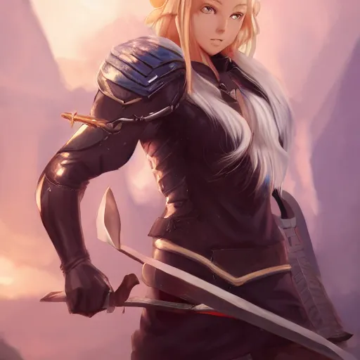 Image similar to An anime portrait of Enji Night as a blonde huntress from Skyrim, by Stanley Artgerm Lau, WLOP, Rossdraws, James Jean, Andrei Riabovitchev, Marc Simonetti, and Sakimichan, tranding on artstation