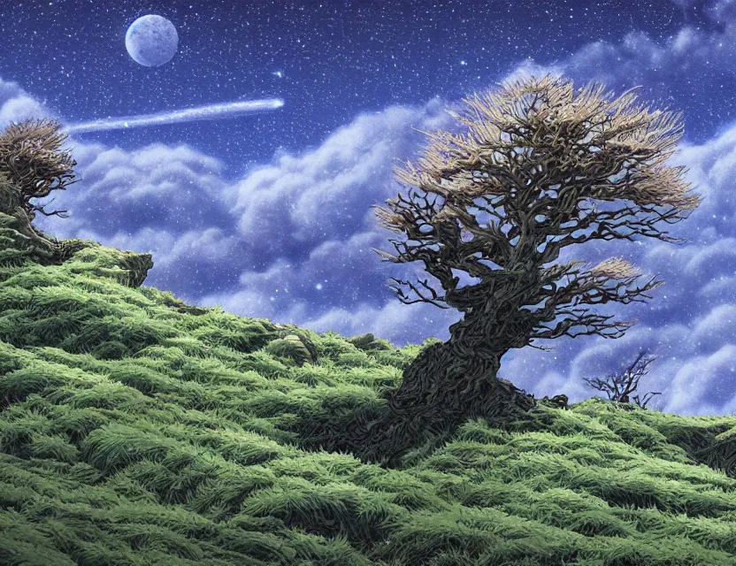 Prompt: windswept scifi cliffs with lone gnarly trees. gouache by award - winning mangaka, chiaroscuro, intricate details, bokeh, backlighting, field of depth