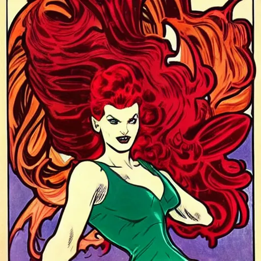 Prompt: a woman with red hair and a smirk. she is a superhero, wearing a superhero costume. well composed, clean elegant painting, beautiful detailed face. comic book art by steve ditko and jack kirby and ( alphonse mucha )