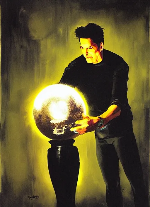 Prompt: zak bagans enamored by a glowing orb, scientific equipment, ghostly!!!, painting by phil hale, fransico goya,'action lines '!!!, graphic style, visible brushstrokes, motion blur, blurry, visible paint texture, crisp hd image