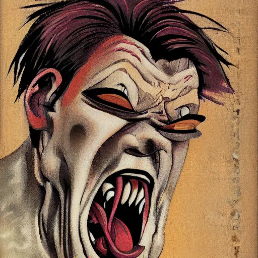 Image similar to mad man screaming, by yoichi hatakenaka