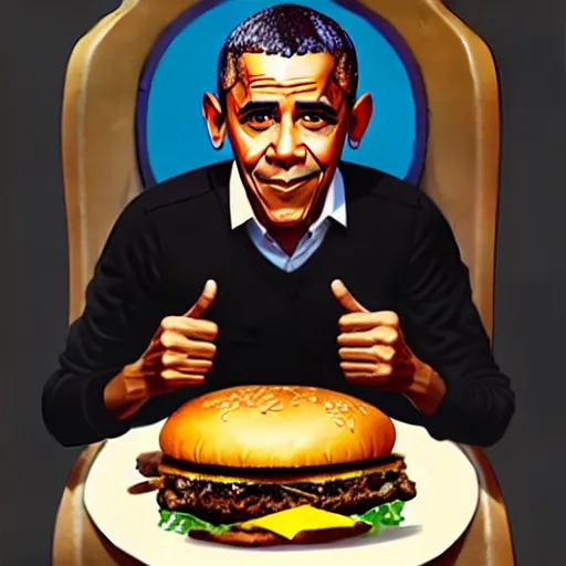 Image similar to barrack obama eating a cheese burger sitting on the iron throne, concept art, intricate, highly detailed, 8 k, trending on artstation, art greg rutkowski, by jordan grimmer
