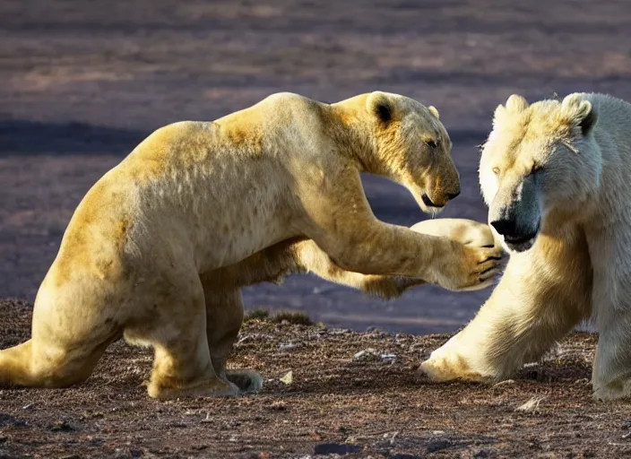 Prompt: a lion fighting a polar bear