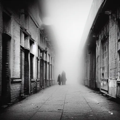 Image similar to a group of clowns walking down a long dark foggy alley the are carrying sticks. fog, tall decrepit buildings. black and white photography