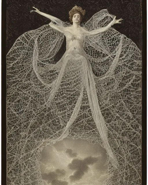 Image similar to a woman floating above the sea, made of intricate decorative lace leaf skeleton, in the style of the dutch masters and gregory crewdson, dark and moody