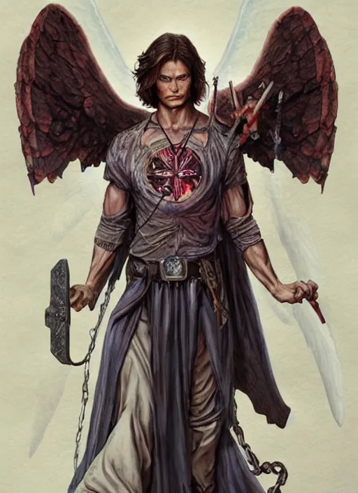 Image similar to Sam Winchester as a strong angel with a big cross pendant and religious tattoos on chest and neck, big Angel wings wide open, stained and bleeding, D&D!, fantasy style, sharp focus!, ultra detailed, art by Artgerm and Peter Andrew Jones, Ayami Kojima