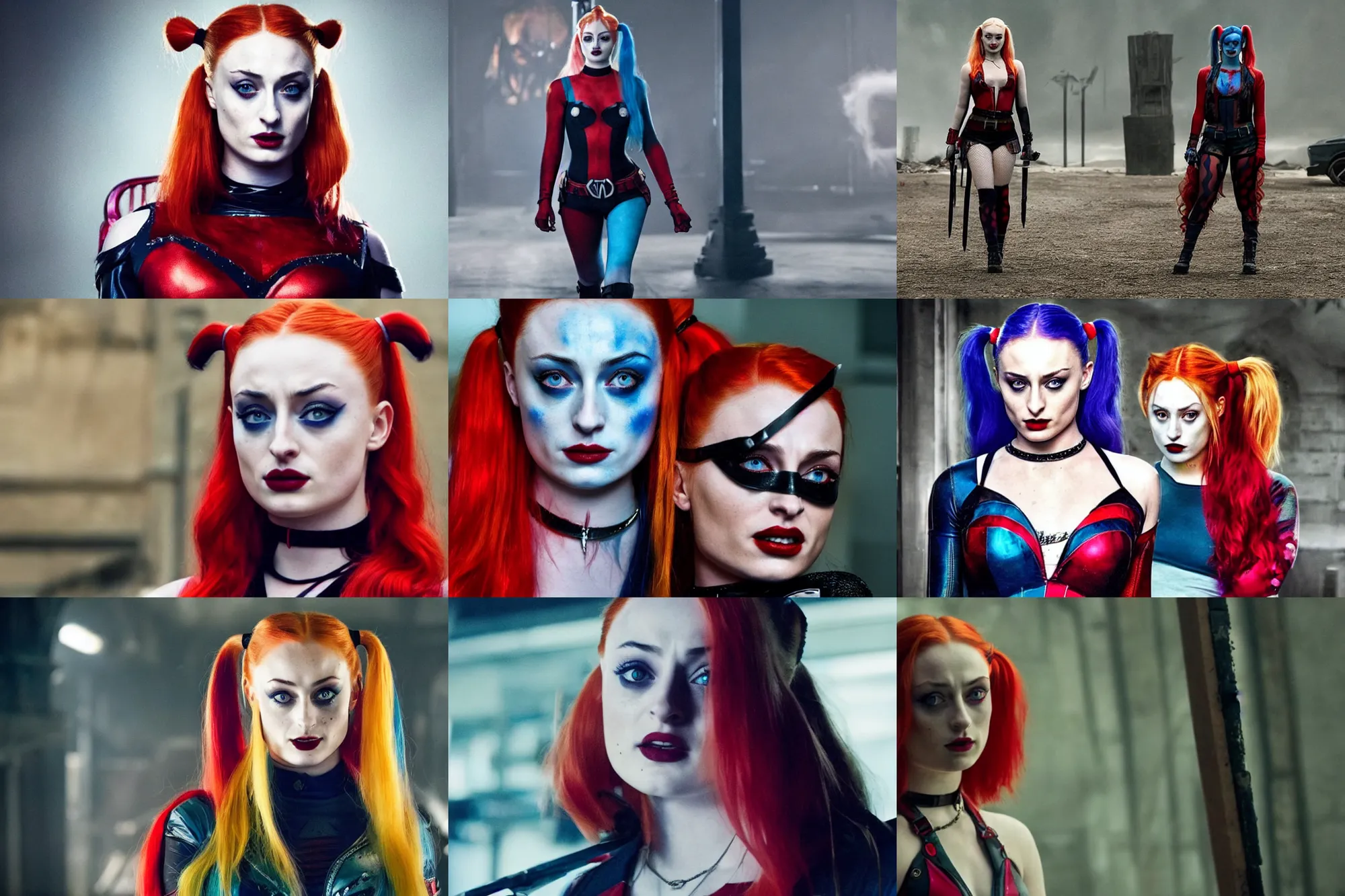 Prompt: sophie turner as harley quinn, movie directed by joss whedon, movie still frame, promotional image, critically acclaimed, top 6 best movie ever imdb list, symmetrical shot, idiosyncratic, relentlessly detailed, cinematic colour palette