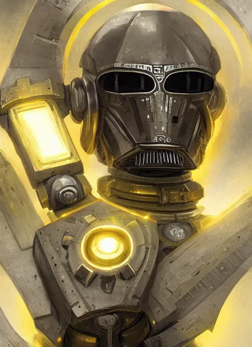 Image similar to dynamic attack position abstract portrait of a intricate glorious holy mechanical warforged character in yellow armor holding a paladin engraved great longsword drawn and carrying a big paladin shield, glowing!!!! eye!!!!!, face in focus, pit droid, epic , trending on ArtStation, masterpiece, cinematic lighting, by Ross Tran and by Greg Rutkowski