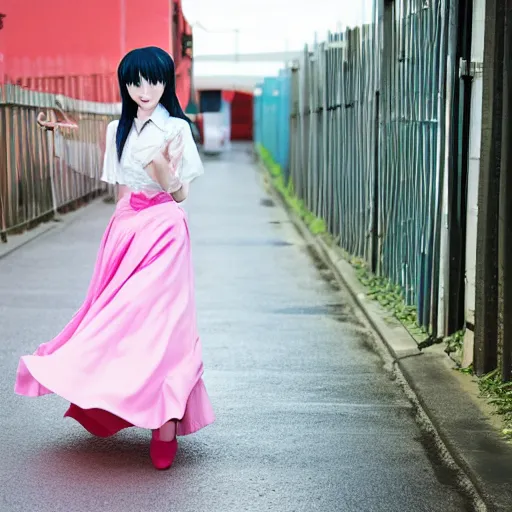 Prompt: An anime of a woman in long skirt dancing on the street by the fence