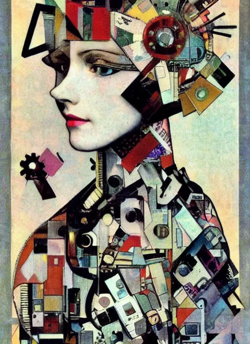 Prompt: cute punk goth fashion fractal tattoed mecha blonde girl wearing a television tube helmet and kimono made of circuits and leds, surreal Dada collage by Man Ray Kurt Schwitters Hannah Höch Alphonse Mucha Beeple