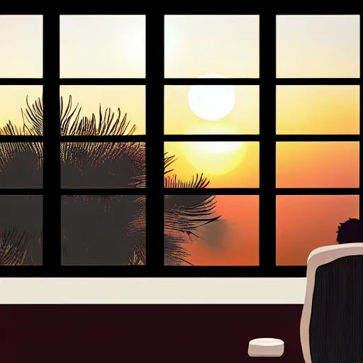 Prompt: sleepy anonymous art junky at computer, beautiful sunrise through wide window