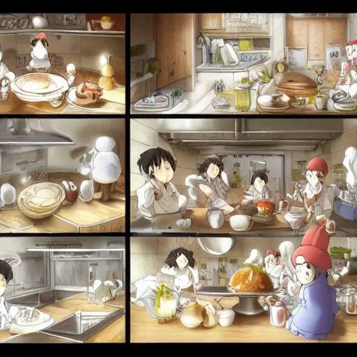 Image similar to a busy kitchen with hamster chefs by Studio ghibli, Kentaro Miura, Hiromu Arakawa, Koyoharu Gotouge, Takeshi obata, concept art, golden ratio