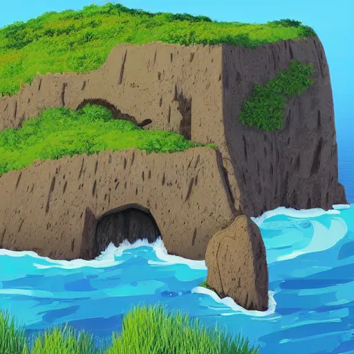 Image similar to an island floating in the air, the island is rocky and bare with some vegetation, waterfalls left from the island flowing into the sea, highly detailed, animated, lovely, dreamy, morandi colour scheme, strong light and shadow atmosphere, painted by ghibli