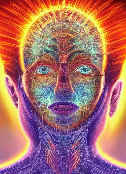 Prompt: humankind transcendence into collaborative intelligence, connectedness, body, ai, by alex grey, album cover, award winning, beautiful, colorful, volumetric lighting, trending on artstation