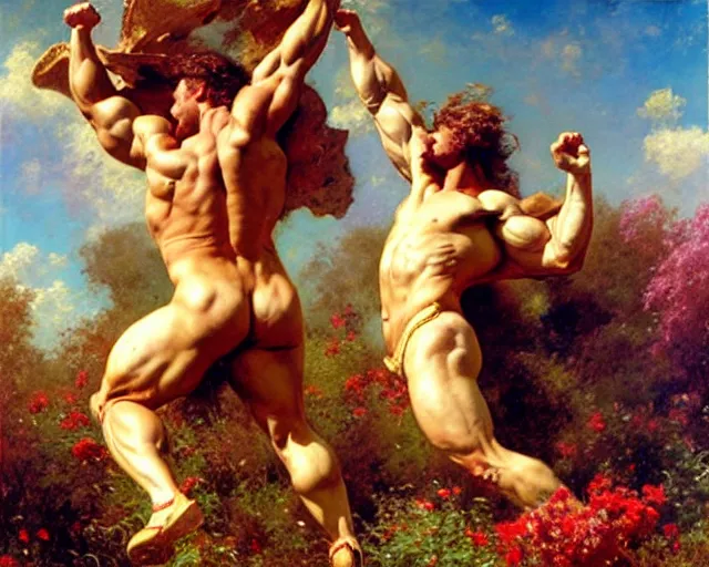 Image similar to muscular hercules and muscular achilles frolic in a meadow of beautiful flowers, a pegasus soars above them, painting by gaston bussiere, craig mullins, j. c. leyendecker,