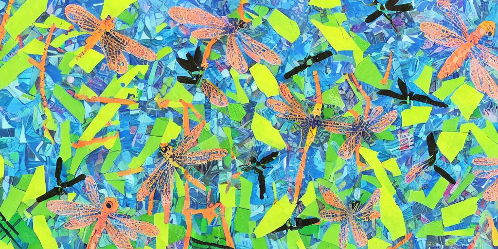 Image similar to dragonfly swarm dancing in the calm summer air above a peaceful stream. hand - painted collage cut paper. by eric carle