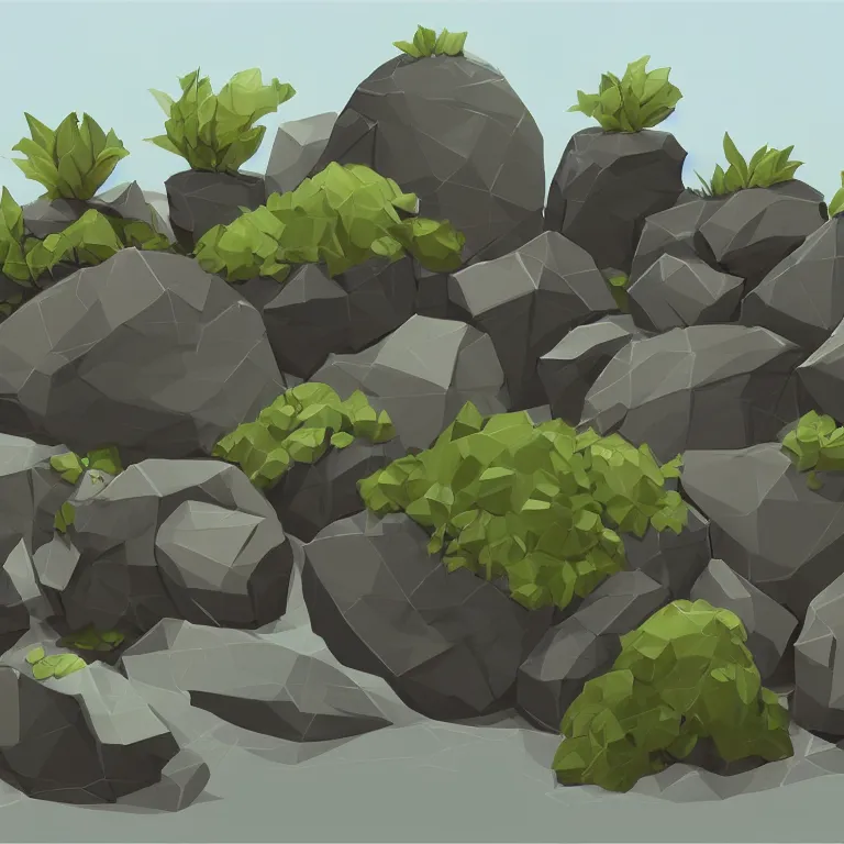 Prompt: a bunch of rocks with plants growing out of them, concept art by senior environment artist, polycount, plein air, 2 d game art, low poly