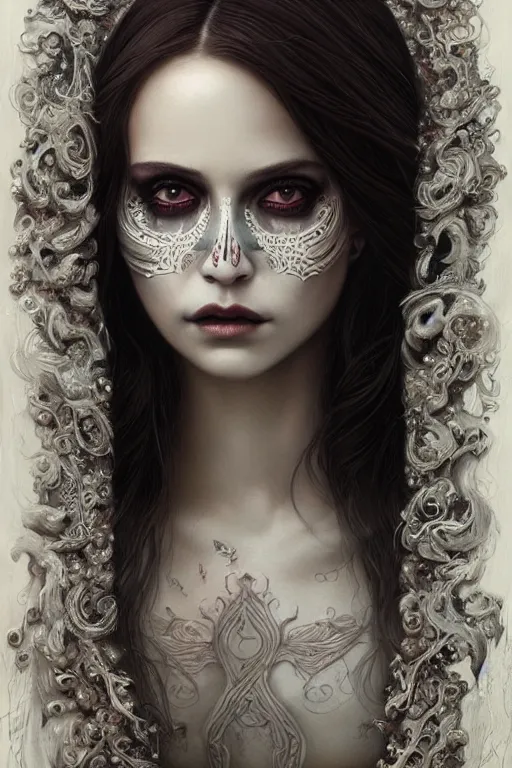 Prompt: ultra realist and ultra intricate detailed soft painting of a beautiful slim but curvy muerte girl in a long dress, thin lustrous hair, symmetry features, sensual gloomy style, soft painting, volumetric clouds, fantasy background, artstation, Tom Bagshaw artstyle, unreal render