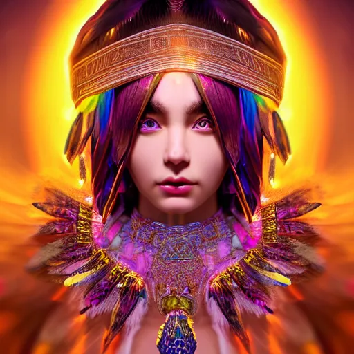 Image similar to portrait highly detailed beautiful symmetrical face high priestess intricate elegant detailed crystal jewellery with tribal feathers, lush colourful volumetric lighting, anime digital painting, concept art, smooth, sharp focus 3 d, divine realm of gods, realistic cinematic style, octane render, photographic, unreal engine 8 k