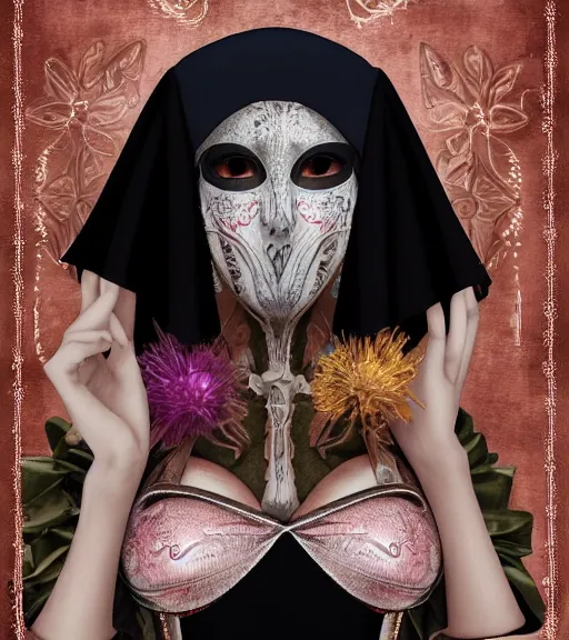 Image similar to beautiful female character inspired by venice carnival and nun | | digital artwork made by greg rutswork and lois van barlee, symmetrical, anatomically correct