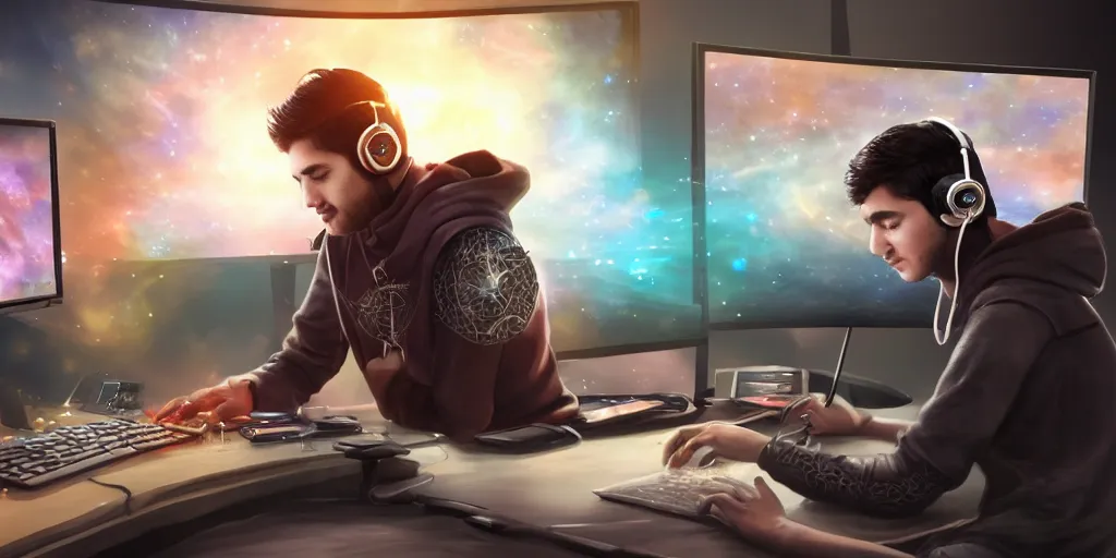 Image similar to a young mage creating a universe in his PC, a male mage in his 20s with black hair wearing headphones sitting in front of wide monitor, hands on a keyboard. hyperrealistic, extremely detailed, award-winning art, trending on Artstation