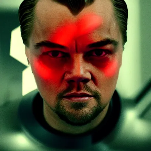 Image similar to still of leonardo dicaprio half cyborg, film grain, red glowing eyes, red lens flare