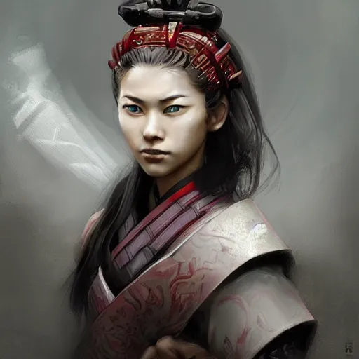 Image similar to beatiful female samurai in the style of Raymond Swanland