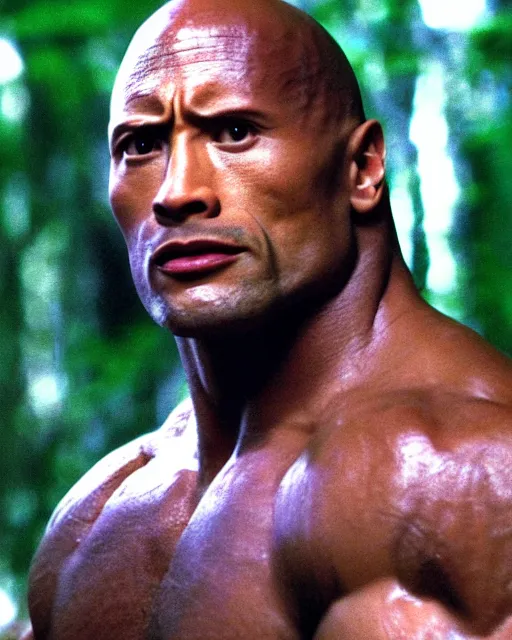 Prompt: film still close - up shot of dwayne johnson from the movie predator. photographic, photography