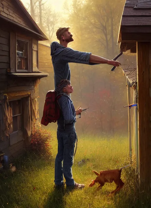 Image similar to highly detailed hyperrealistic painting of a short hillbilly with long blonde hair standing in front of his porch yelling at his friend, bonfire, stephen bliss, art by greg rutkowski, loish, rhads, ferdinand knab, makoto shinkai and lois van baarle, tom bagshaw, photo, portrait, global illumination, artstation