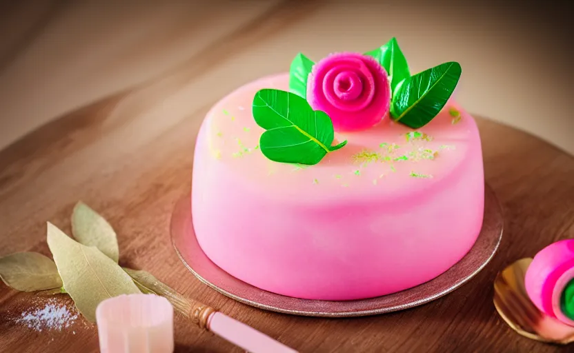 Prompt: A photo of a swedish princess cake from the side on a wooden table, covered with pink marzipan, some powder sugar and a green marzipan leaf in the center. Sunset. 4K. Cinematic lighting. High detail. Realistic. Delicious.