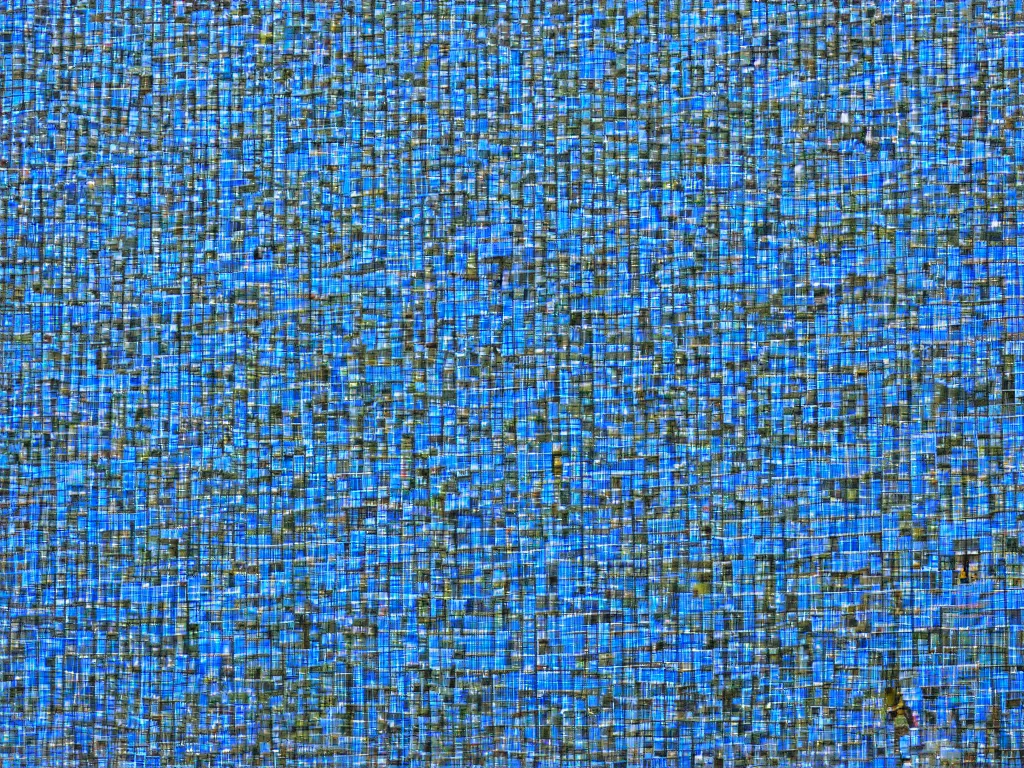 Prompt: a perfect portrait photograph of a human being reduced to an ordered set of pixels, sorted by the blue channel value, each pixel is a 1 meter plastic cube glued to the outside of a horrific government building in azerbaijan.