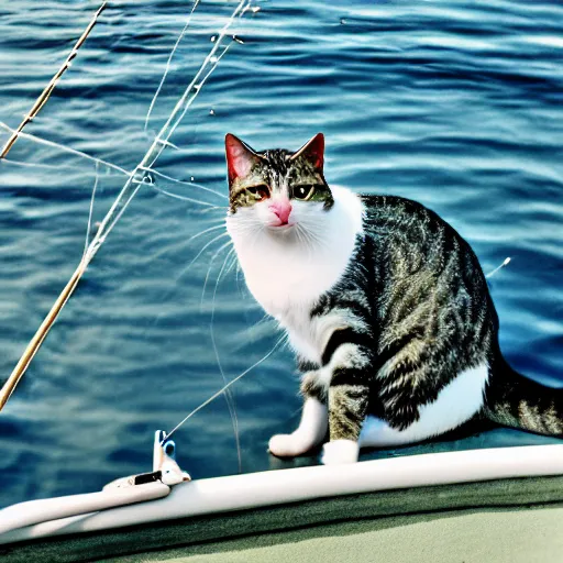 Image similar to fisherman cat, cat fishing from boat, 35 mm photo