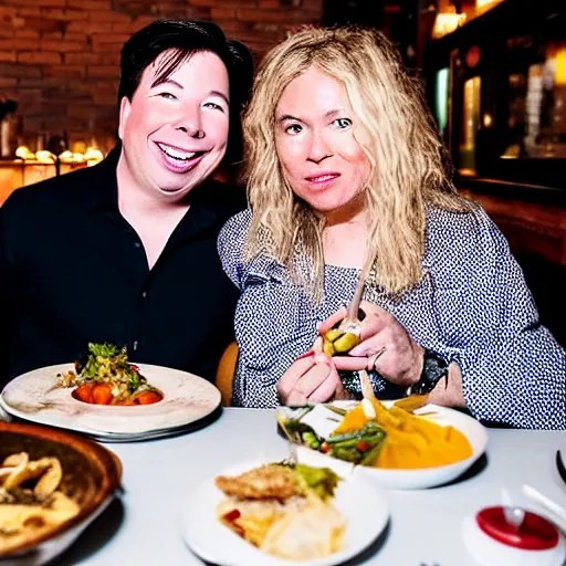 Image similar to portait of michael mcintyre and middle aged blonde woman with short hair and a blonde woman with long hair having dinner at sunday in brooklyn restaurant, greg rutkowsk