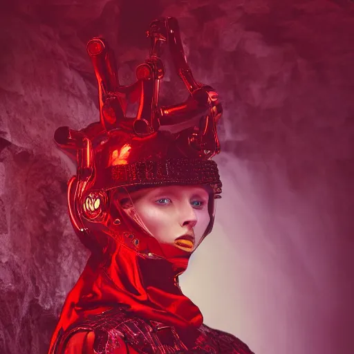 Image similar to female fashion model in year 3000 in a cave, model wearing a surreal Avant-garde helmet in red, dramatic lighting,photography , official Versace editorial , highly detailed