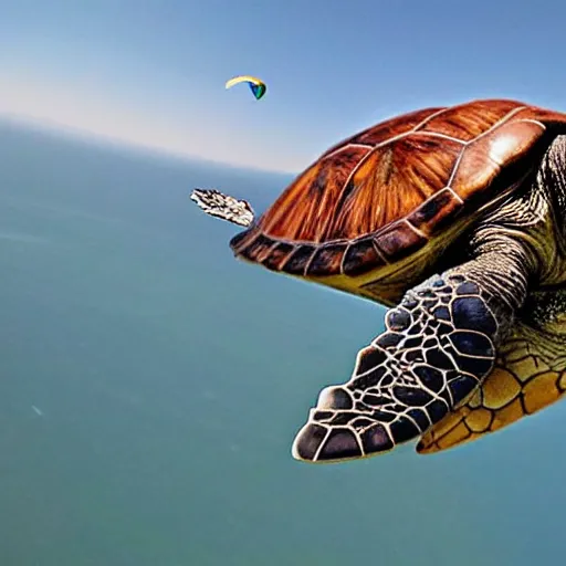 Prompt: hyperrealistic close shot of a turtle paragliding